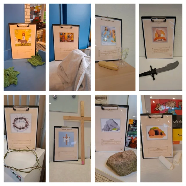 In de week voor Pasen is het Paasverhaal zichtbaar gemaakt in de school. Op verschillende plekken zijn afbeeldingen en voorwerpen te zien. Mooi om samen met de kinderen naar het Paasfeest toe te leven!#dankbaar #identiteit